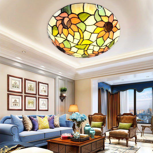 Sunflower Flush Mount Ceiling Light Tiffany Stained Glass Orange Flush Light in Bowl Shape Clearhalo 'Ceiling Lights' 'Close To Ceiling Lights' 'Close to ceiling' 'Flush mount' Lighting' 2556558