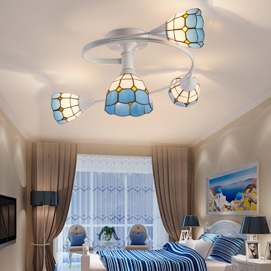 Floral Swirl Semi Flush Light Blue-White Glass Mediterranean Ceiling Light for Living Room Clearhalo 'Ceiling Lights' 'Close To Ceiling Lights' 'Close to ceiling' 'Glass shade' 'Glass' 'Semi-flushmount' 'Tiffany close to ceiling' 'Tiffany' Lighting' 2556573