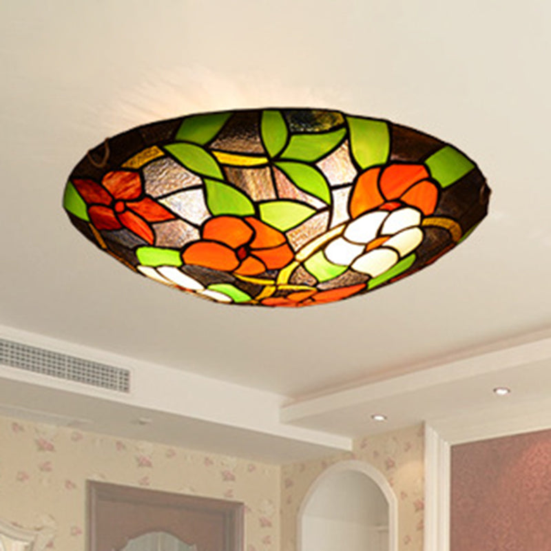 Bedroom Ceiling Fixture Tiffany Black Flush-Mount Light with Round Stained Glass Shade Black Clearhalo 'Ceiling Lights' 'Close To Ceiling Lights' 'Close to ceiling' 'Flush mount' Lighting' 2556578