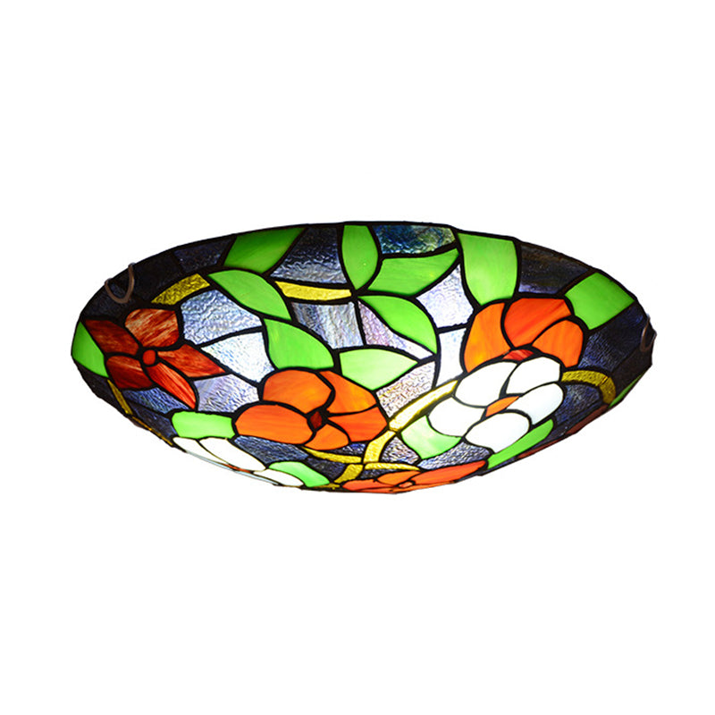 Bedroom Ceiling Fixture Tiffany Black Flush-Mount Light with Round Stained Glass Shade Clearhalo 'Ceiling Lights' 'Close To Ceiling Lights' 'Close to ceiling' 'Flush mount' Lighting' 2556582