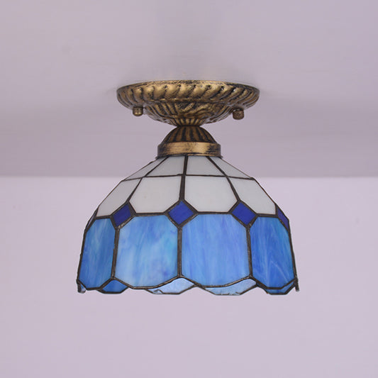 Floral Small Ceiling Mount Lamp Mediterranean Cut Glass 1 Head Semi Flush Mount Lighting for Foyer Clearhalo 'Ceiling Lights' 'Close To Ceiling Lights' 'Close to ceiling' 'Glass shade' 'Glass' 'Semi-flushmount' 'Tiffany close to ceiling' 'Tiffany' Lighting' 2556587