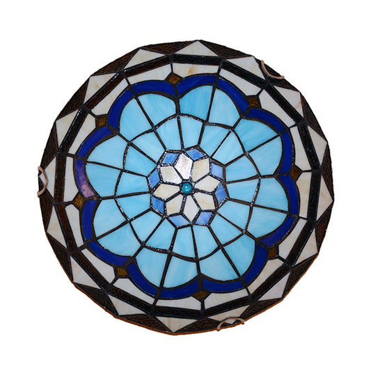 Dome Ceiling Flush Light Vintage Blue Handcrafted Glass Flushmount with Feather Pattern Clearhalo 'Ceiling Lights' 'Close To Ceiling Lights' 'Close to ceiling' 'Flush mount' Lighting' 2556593