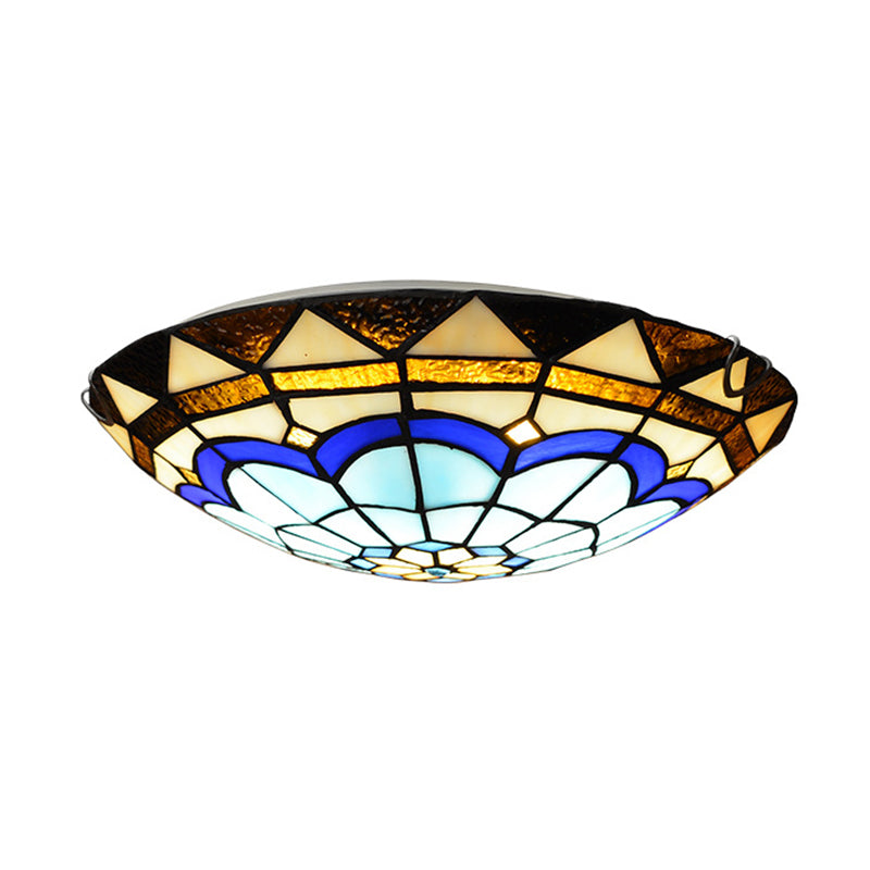 Dome Ceiling Flush Light Vintage Blue Handcrafted Glass Flushmount with Feather Pattern Clearhalo 'Ceiling Lights' 'Close To Ceiling Lights' 'Close to ceiling' 'Flush mount' Lighting' 2556595