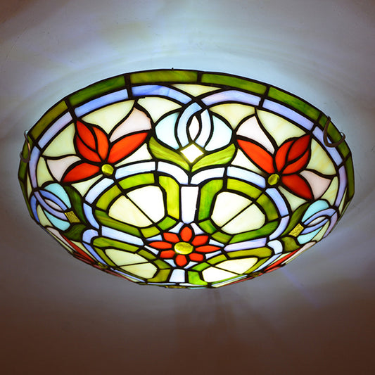 Red Flower Round Flush Mount Tiffany Stained Art Glass Ceiling Light for Bedroom Clearhalo 'Ceiling Lights' 'Close To Ceiling Lights' 'Close to ceiling' 'Flush mount' Lighting' 2556596