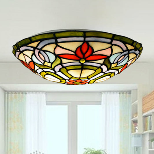 Red Flower Round Flush Mount Tiffany Stained Art Glass Ceiling Light for Bedroom Clearhalo 'Ceiling Lights' 'Close To Ceiling Lights' 'Close to ceiling' 'Flush mount' Lighting' 2556598