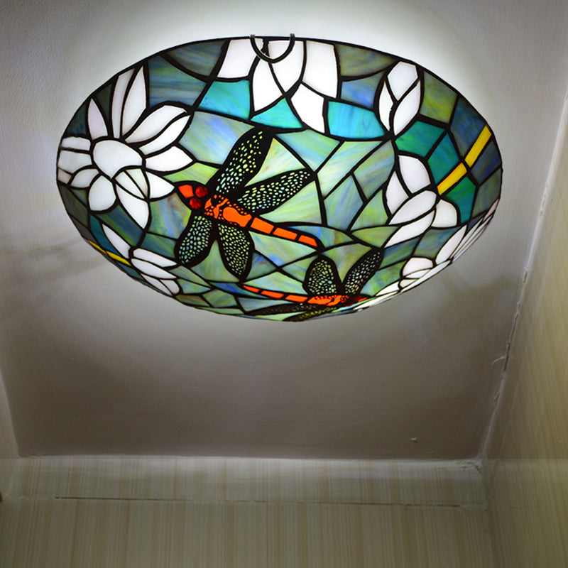 Cut Glass Aqua Flush Mount Lamp Dragonfly and Lotus Tiffany Style Ceiling Light Fixture Clearhalo 'Ceiling Lights' 'Close To Ceiling Lights' 'Close to ceiling' 'Flush mount' Lighting' 2556602