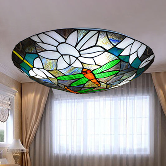 Cut Glass Aqua Flush Mount Lamp Dragonfly and Lotus Tiffany Style Ceiling Light Fixture Turquoise Clearhalo 'Ceiling Lights' 'Close To Ceiling Lights' 'Close to ceiling' 'Flush mount' Lighting' 2556603