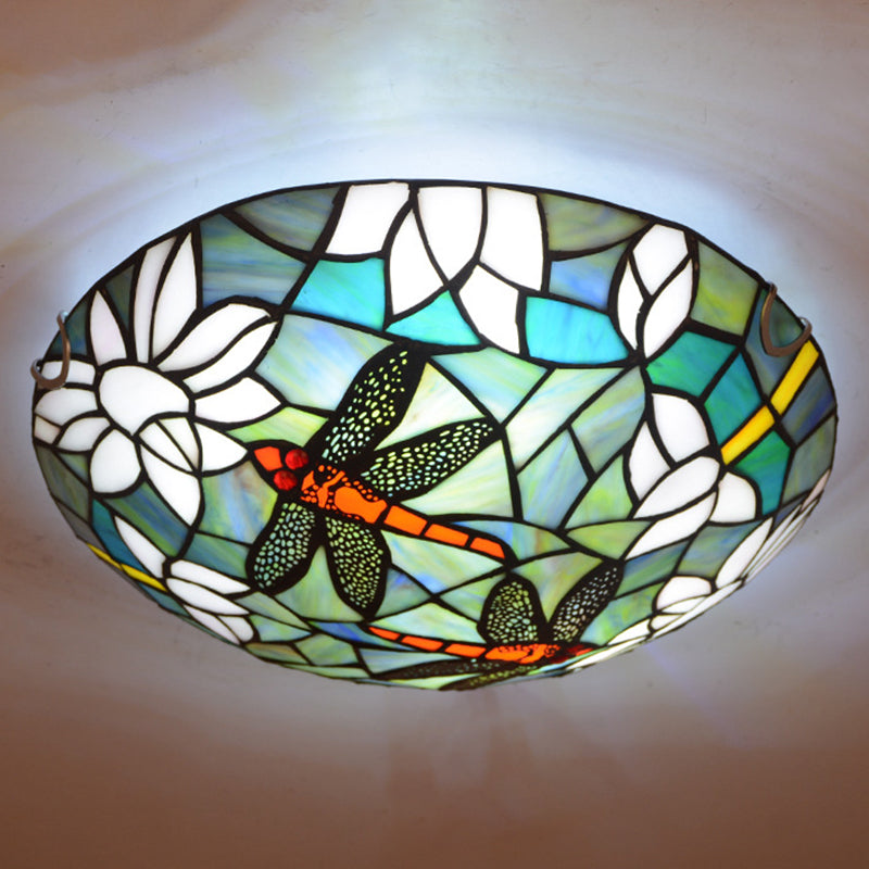 Cut Glass Aqua Flush Mount Lamp Dragonfly and Lotus Tiffany Style Ceiling Light Fixture Clearhalo 'Ceiling Lights' 'Close To Ceiling Lights' 'Close to ceiling' 'Flush mount' Lighting' 2556604