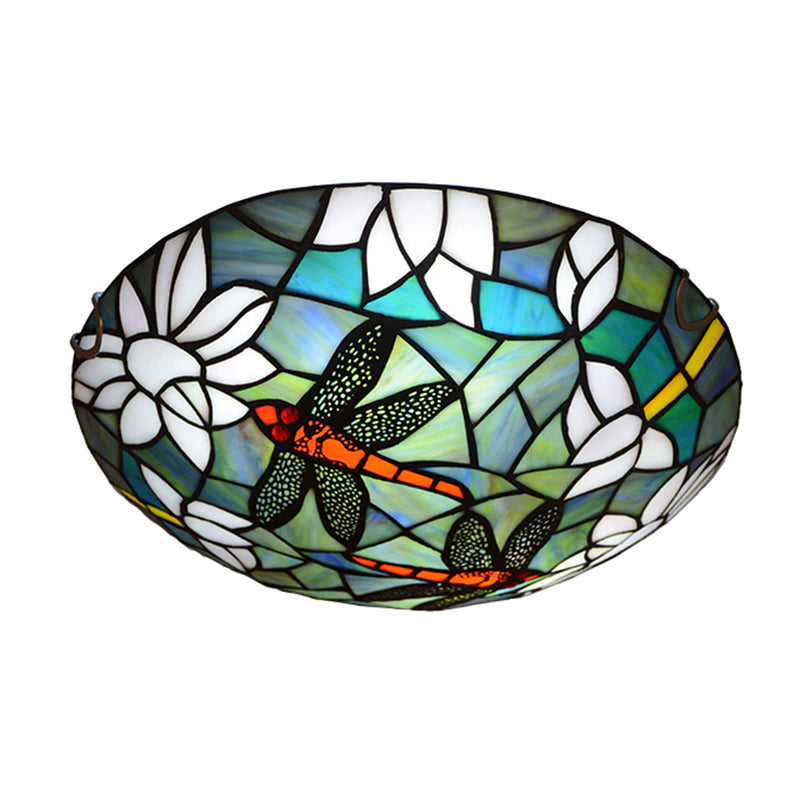 Cut Glass Aqua Flush Mount Lamp Dragonfly and Lotus Tiffany Style Ceiling Light Fixture Clearhalo 'Ceiling Lights' 'Close To Ceiling Lights' 'Close to ceiling' 'Flush mount' Lighting' 2556607