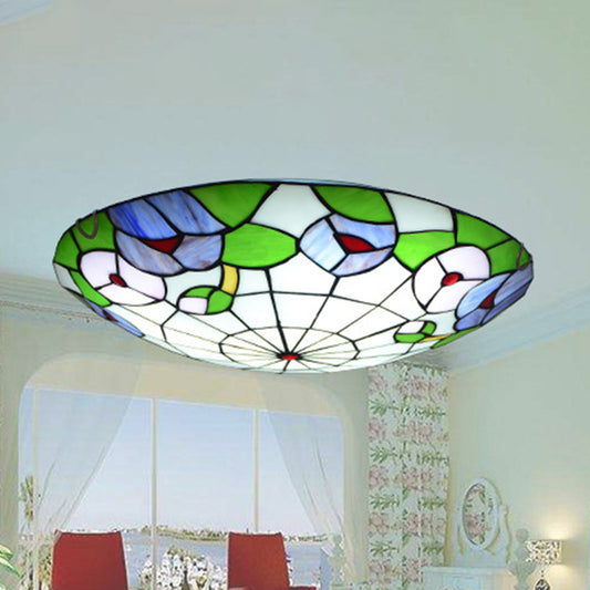 Ceiling Flush Mount Light Tiffany Morning Glory Stained Glass Flush Light in Green Green Clearhalo 'Ceiling Lights' 'Close To Ceiling Lights' 'Close to ceiling' 'Flush mount' Lighting' 2556622