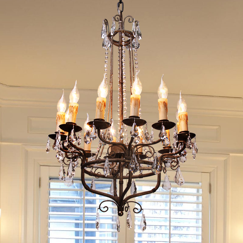 Crystal Candle Ceiling Chandelier Traditional 12 Lights Living Room Pendant Lighting in Bronze Clearhalo 'Ceiling Lights' 'Chandeliers' Lighting' options 255672