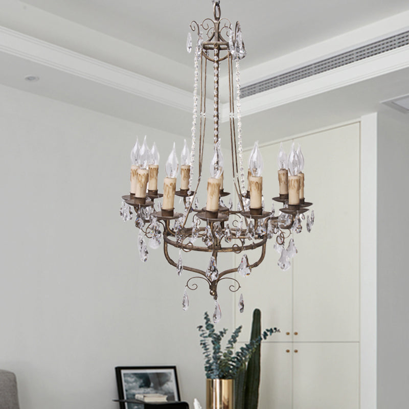 Crystal Candle Ceiling Chandelier Traditional 12 Lights Living Room Pendant Lighting in Bronze Clearhalo 'Ceiling Lights' 'Chandeliers' Lighting' options 255673