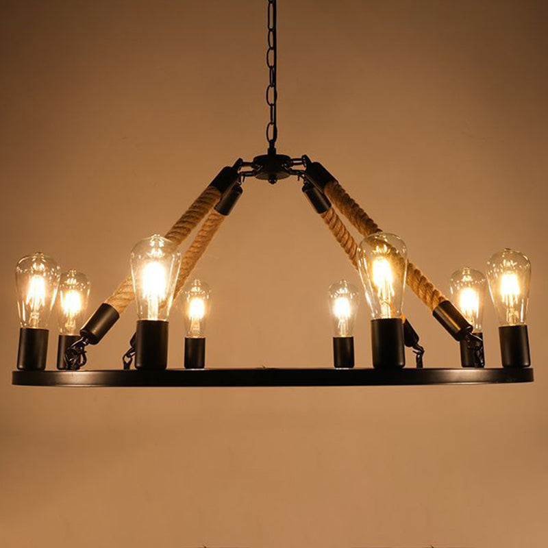 Industrial Art Rope Hanging Chandelier Light Circular Black Metal Exposed Bulb Drop Lamp 8 Black Clearhalo 'Ceiling Lights' 'Chandeliers' 'Industrial Chandeliers' 'Industrial' 'Middle Century Chandeliers' 'Tiffany' Lighting' 2556919