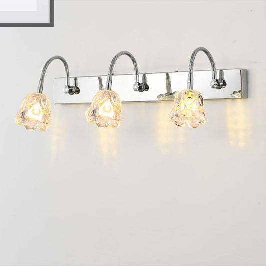 Petal Clear Glass Vanity Light Fixture Modern Stylish 3 Lights Silver Finish Wall Lighting with Gooseneck Arm Silver Clearhalo 'Modern wall lights' 'Modern' 'Vanity Lights' 'Wall Lights' Lighting' 255697