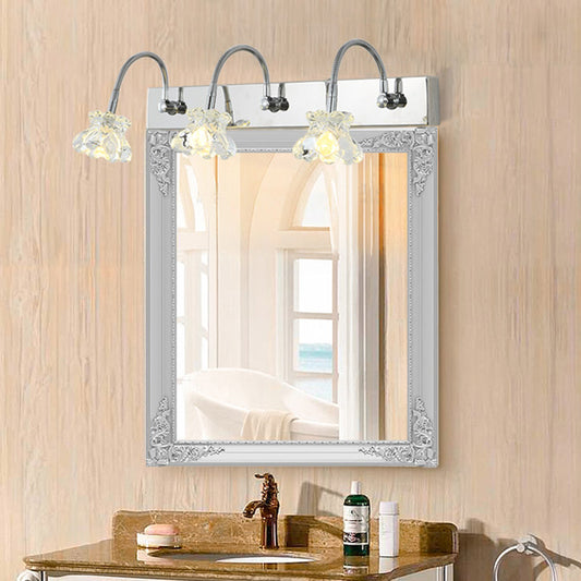 Petal Clear Glass Vanity Light Fixture Modern Stylish 3 Lights Silver Finish Wall Lighting with Gooseneck Arm Clearhalo 'Modern wall lights' 'Modern' 'Vanity Lights' 'Wall Lights' Lighting' 255699