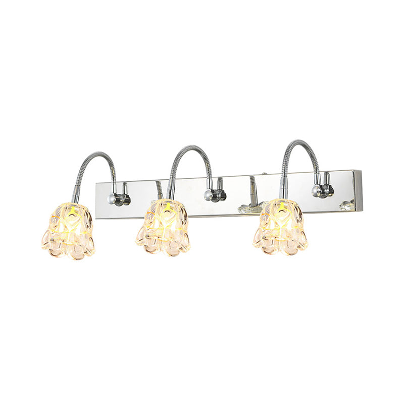 Petal Clear Glass Vanity Light Fixture Modern Stylish 3 Lights Silver Finish Wall Lighting with Gooseneck Arm Clearhalo 'Modern wall lights' 'Modern' 'Vanity Lights' 'Wall Lights' Lighting' 255700