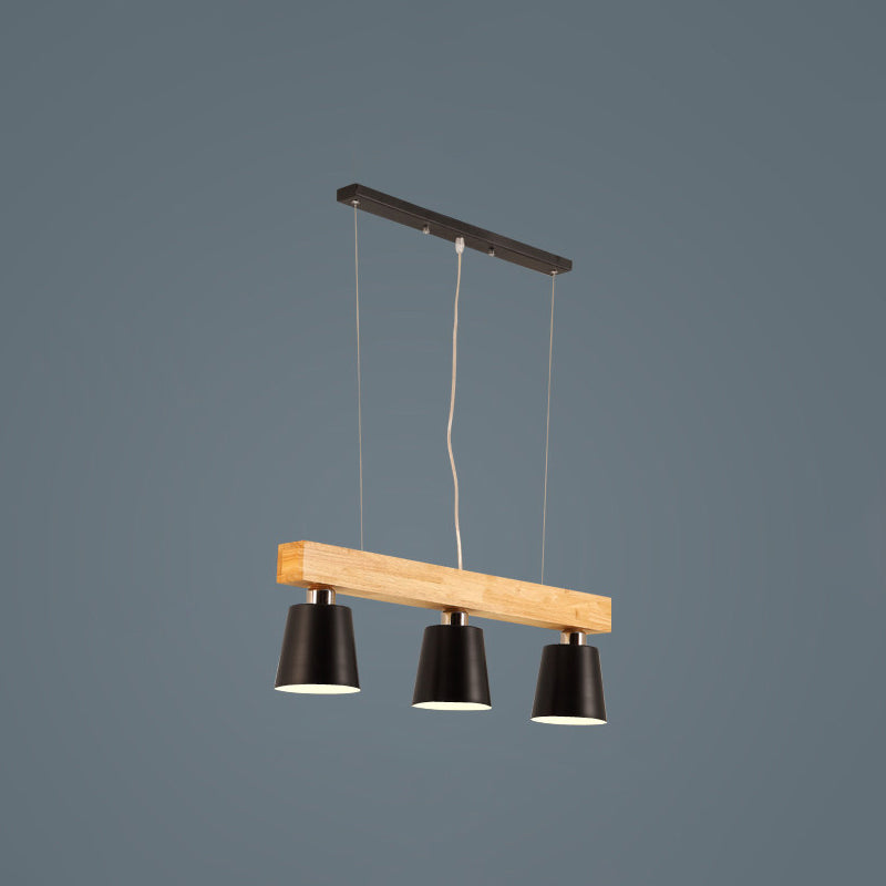 Nordic Modern Wood Island Pendant with Tapered Metal Lampshade Work Room Hanging Lamp 3 Black Clearhalo 'Ceiling Lights' 'Island Lights' Lighting' 2557029