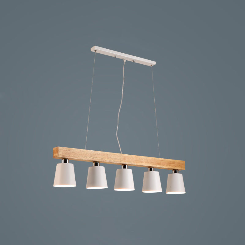 Nordic Modern Wood Island Pendant with Tapered Metal Lampshade Work Room Hanging Lamp 5 White Clearhalo 'Ceiling Lights' 'Island Lights' Lighting' 2557031