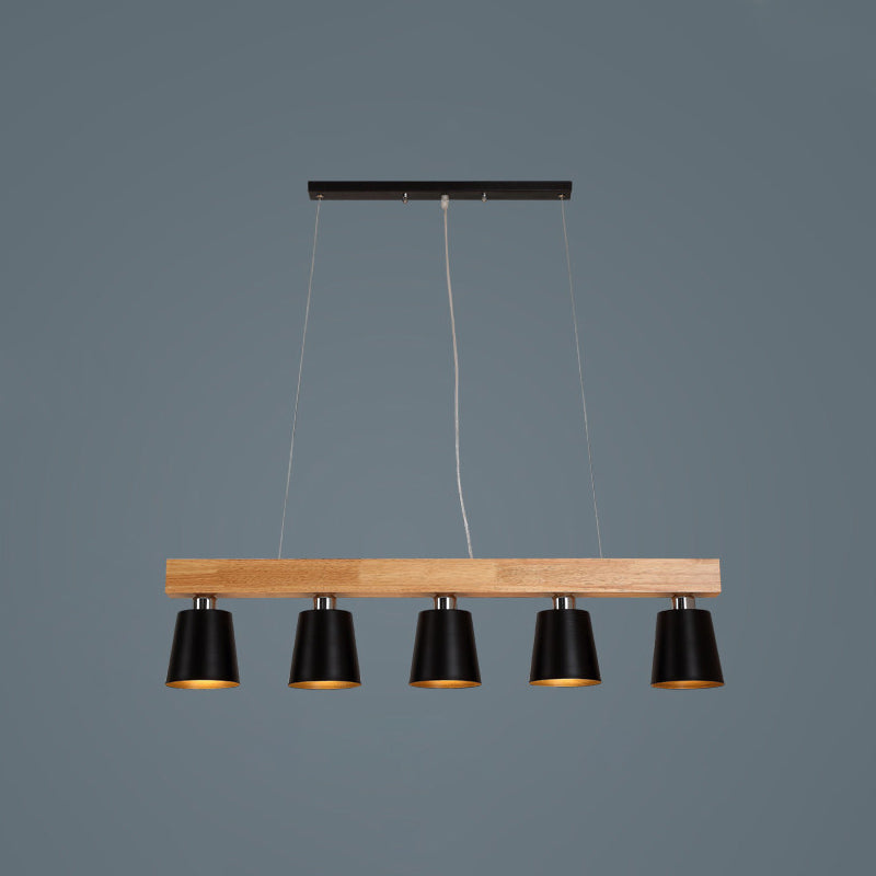 Nordic Modern Wood Island Pendant with Tapered Metal Lampshade Work Room Hanging Lamp 5 Black Clearhalo 'Ceiling Lights' 'Island Lights' Lighting' 2557033