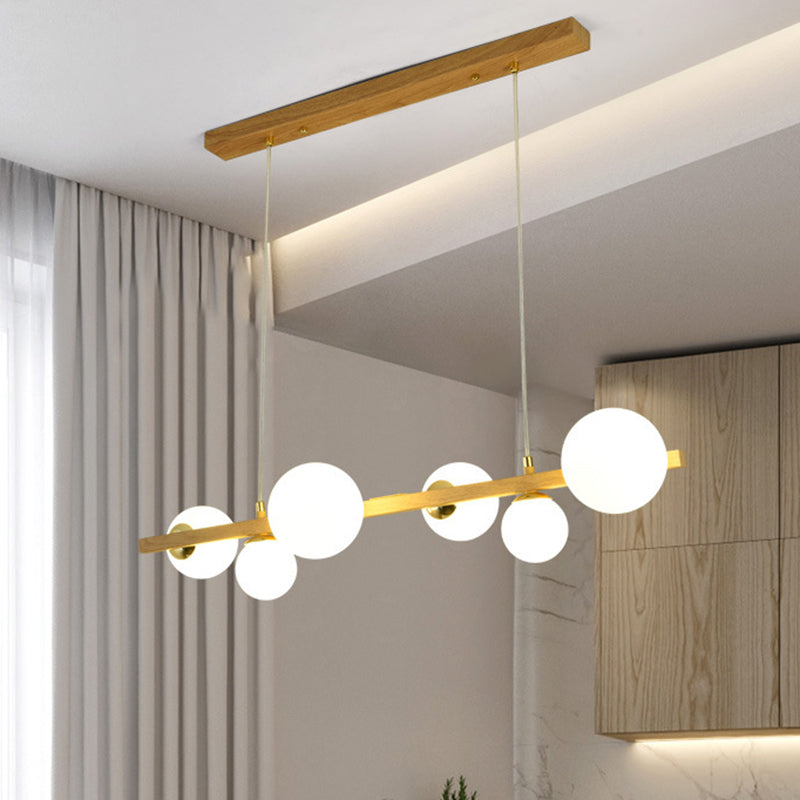 Nordic Linear Imitation Solid Wood Island Pendant with Globe Shade Glass Island Light for Dining Room 6 Wood Clearhalo 'Ceiling Lights' 'Island Lights' Lighting' 2557043