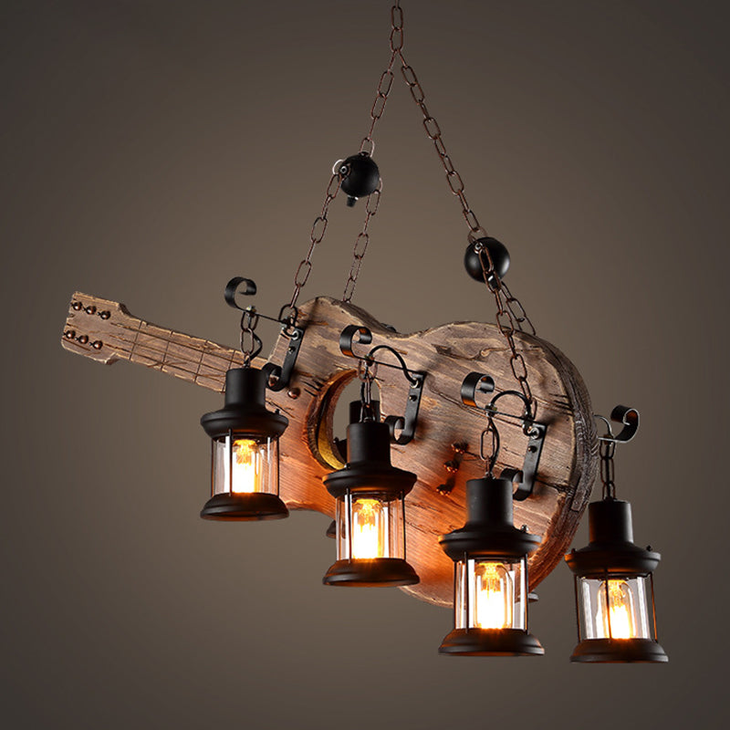4 Light Wood Guitar Pendant Light Art Deco Industrial Black Metal Hanging Lamp Black Clearhalo 'Ceiling Lights' 'Island Lights' Lighting' 2557071