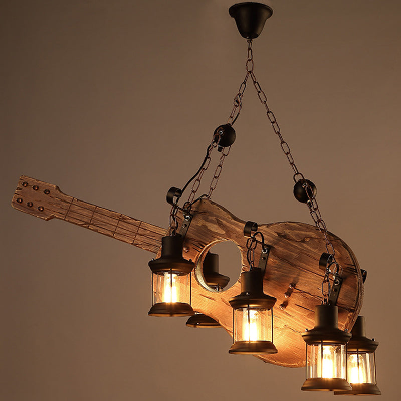 4 Light Wood Guitar Pendant Light Art Deco Industrial Black Metal Hanging Lamp Clearhalo 'Ceiling Lights' 'Island Lights' Lighting' 2557074