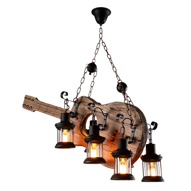 4 Light Wood Guitar Pendant Light Art Deco Industrial Black Metal Hanging Lamp Clearhalo 'Ceiling Lights' 'Island Lights' Lighting' 2557075