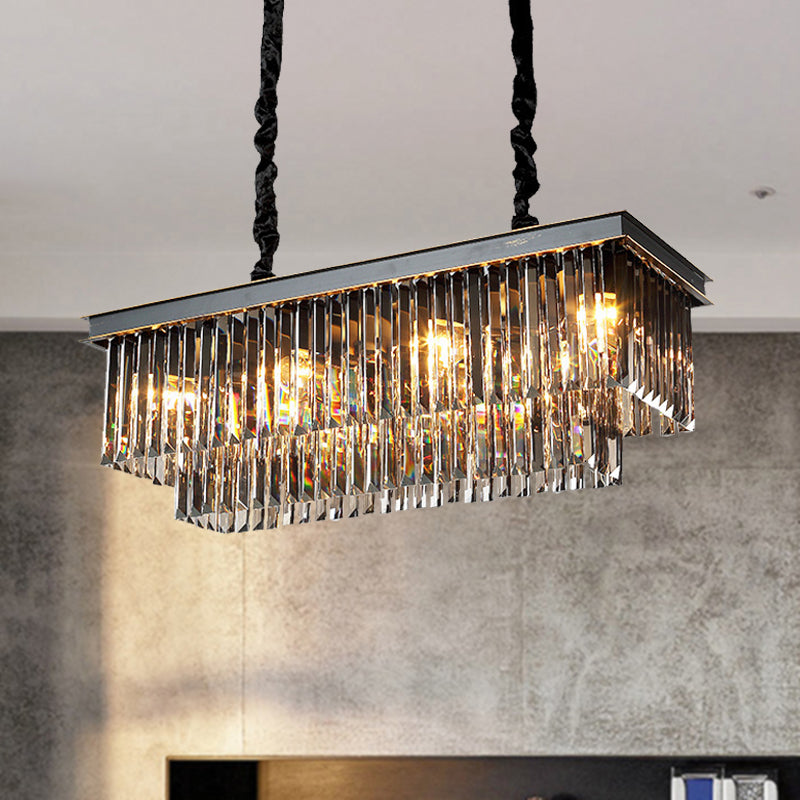 Rectangle Dining Room Chandelier Lamp Traditional Smoke Gray Crystal Block 8/11 Heads Matte Black Hanging Light Clearhalo 'Ceiling Lights' 'Island Lights' Lighting' 255708