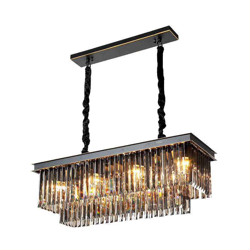 Rectangle Dining Room Chandelier Lamp Traditional Smoke Gray Crystal Block 8/11 Heads Matte Black Hanging Light Clearhalo 'Ceiling Lights' 'Island Lights' Lighting' 255711