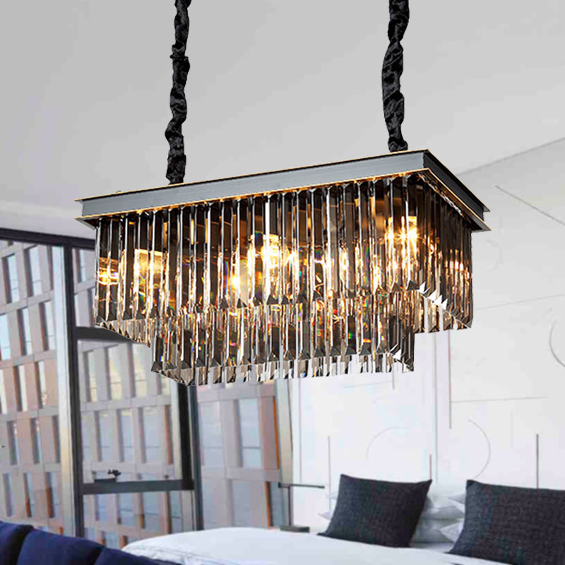 Rectangle Dining Room Chandelier Lamp Traditional Smoke Gray Crystal Block 8/11 Heads Matte Black Hanging Light Clearhalo 'Ceiling Lights' 'Island Lights' Lighting' 255714