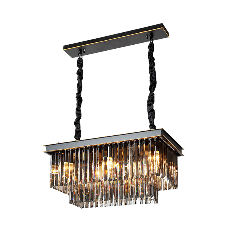 Rectangle Dining Room Chandelier Lamp Traditional Smoke Gray Crystal Block 8/11 Heads Matte Black Hanging Light Clearhalo 'Ceiling Lights' 'Island Lights' Lighting' 255716