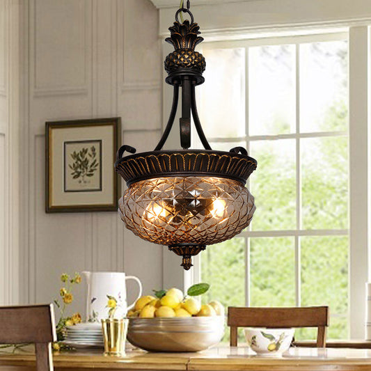 2 Lights Dining Room Ceiling Suspension Lamp Country Black Chandelier Pendant Light with Oval Clear Prismatic Glass Shade Clear Clearhalo 'Ceiling Lights' 'Chandeliers' 'Glass shade' 'Glass' Lighting' 255718