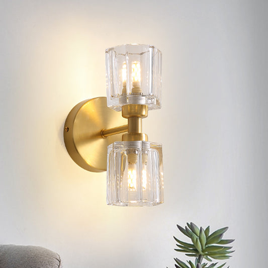 Tapered Living Room Wall Light Clear Crystal 2 Bulbs Modern Style Wall Sconce Lamp in Gold Finish Gold Clearhalo 'Modern wall lights' 'Modern' 'Wall Lamps & Sconces' 'Wall Lights' Lighting' 255721