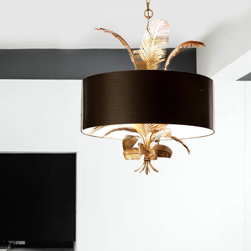 6 Lights Ceiling Light Country Drum Fabric Hanging Chandelier in Black for Dining Room with Leaves Deco Black Clearhalo 'Ceiling Lights' 'Chandeliers' Lighting' options 255731_e5c0ab7b-d3cc-4f16-8c77-1fa2b1ecdebc