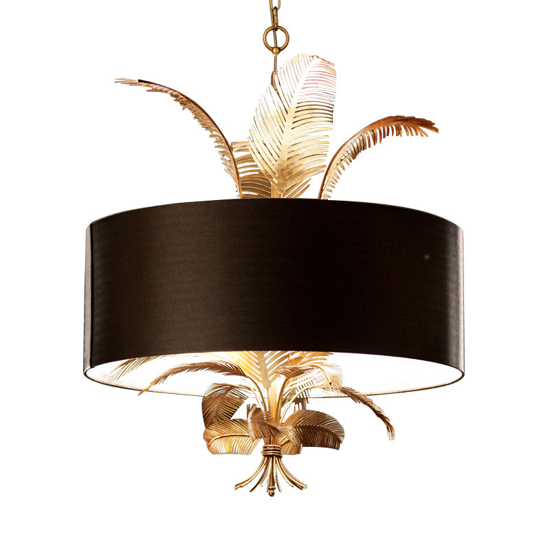 6 Lights Ceiling Light Country Drum Fabric Hanging Chandelier in Black for Dining Room with Leaves Deco Clearhalo 'Ceiling Lights' 'Chandeliers' Lighting' options 255732