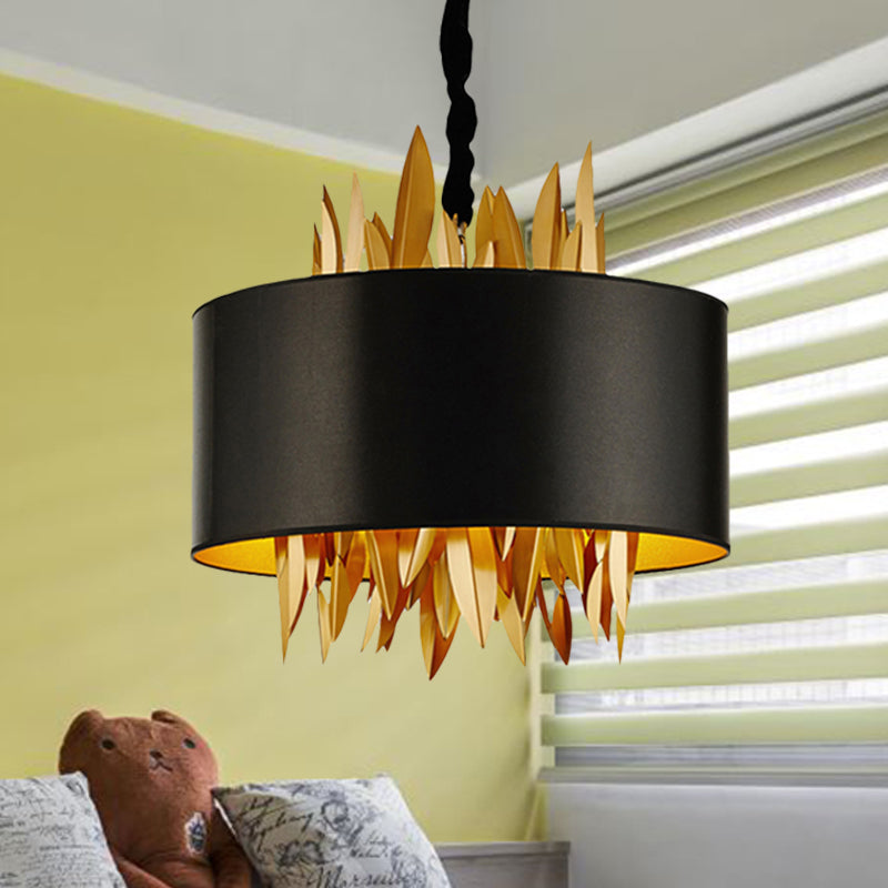 4 Lights Fabric Chandelier Lamp Country Black Round Dining Room Hanging Ceiling Light with Metal Leaves Clearhalo 'Ceiling Lights' 'Chandeliers' Lighting' options 255734