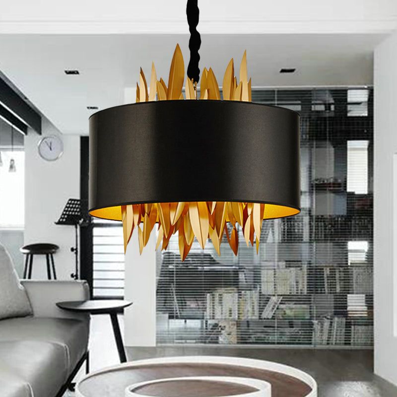 4 Lights Fabric Chandelier Lamp Country Black Round Dining Room Hanging Ceiling Light with Metal Leaves Clearhalo 'Ceiling Lights' 'Chandeliers' Lighting' options 255735