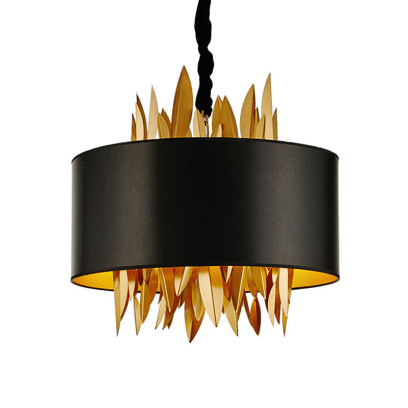 4 Lights Fabric Chandelier Lamp Country Black Round Dining Room Hanging Ceiling Light with Metal Leaves Clearhalo 'Ceiling Lights' 'Chandeliers' Lighting' options 255737