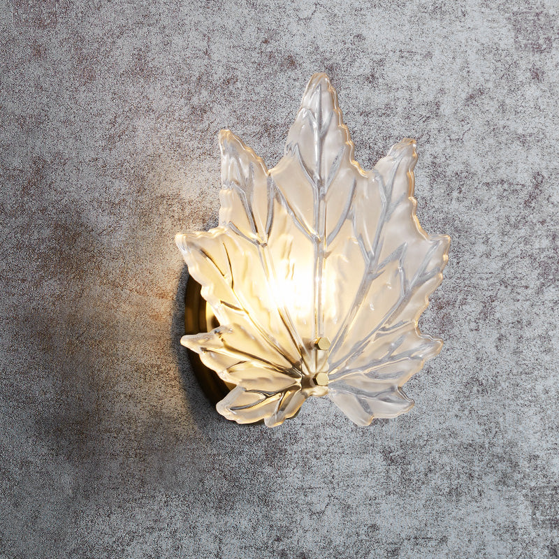 Maple Leaf Bedroom Wall Light Clear Crystal 1 Head Contemporary Wall Sconce Fixture with Round Backplate in Gold Gold Clearhalo 'Modern wall lights' 'Modern' 'Wall Lamps & Sconces' 'Wall Lights' Lighting' 255739