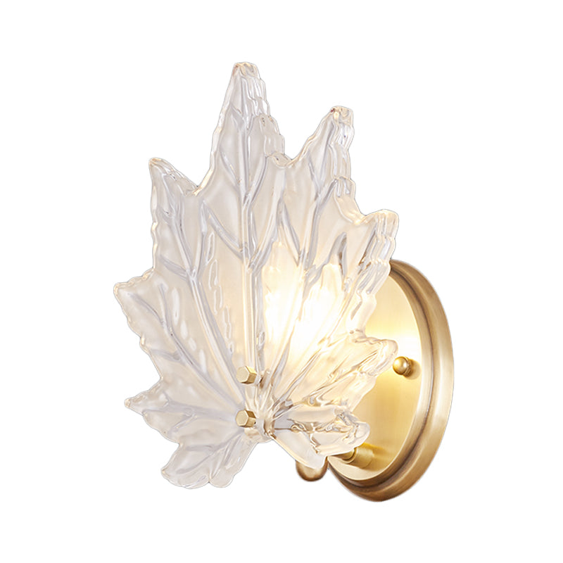 Maple Leaf Bedroom Wall Light Clear Crystal 1 Head Contemporary Wall Sconce Fixture with Round Backplate in Gold Clearhalo 'Modern wall lights' 'Modern' 'Wall Lamps & Sconces' 'Wall Lights' Lighting' 255742