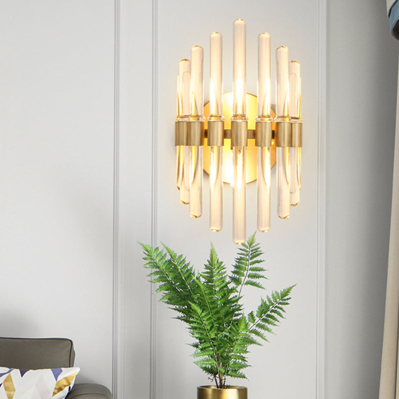 Tubular Wall Light Sconce Modern Style Clear Crystal 2 Bulbs Gold Finish Wall Sconce Light for Living Room Gold Clearhalo 'Modern wall lights' 'Modern' 'Wall Lamps & Sconces' 'Wall Lights' Lighting' 255745