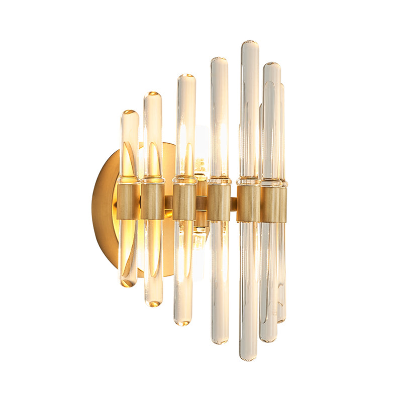 Tubular Wall Light Sconce Modern Style Clear Crystal 2 Bulbs Gold Finish Wall Sconce Light for Living Room Clearhalo 'Modern wall lights' 'Modern' 'Wall Lamps & Sconces' 'Wall Lights' Lighting' 255747