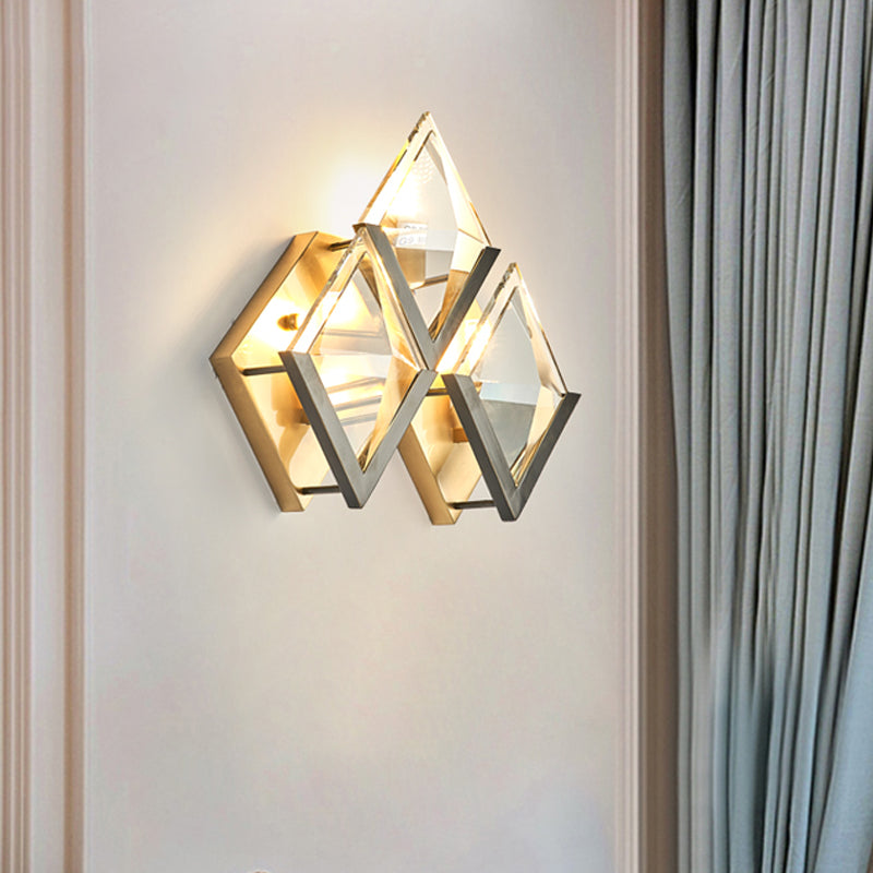 Rhombus Shaped Wall Lighting Modern Style Clear Crystal and Metal 3 Lights Golden Wall Sconce Light Gold Clearhalo 'Modern wall lights' 'Modern' 'Wall Lamps & Sconces' 'Wall Lights' Lighting' 255749