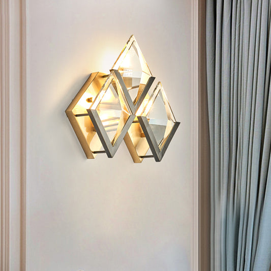 Rhombus Shaped Wall Lighting Modern Style Clear Crystal and Metal 3 Lights Golden Wall Sconce Light Gold Clearhalo 'Modern wall lights' 'Modern' 'Wall Lamps & Sconces' 'Wall Lights' Lighting' 255749