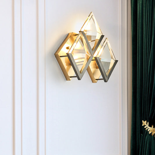 Rhombus Shaped Wall Lighting Modern Style Clear Crystal and Metal 3 Lights Golden Wall Sconce Light Clearhalo 'Modern wall lights' 'Modern' 'Wall Lamps & Sconces' 'Wall Lights' Lighting' 255750