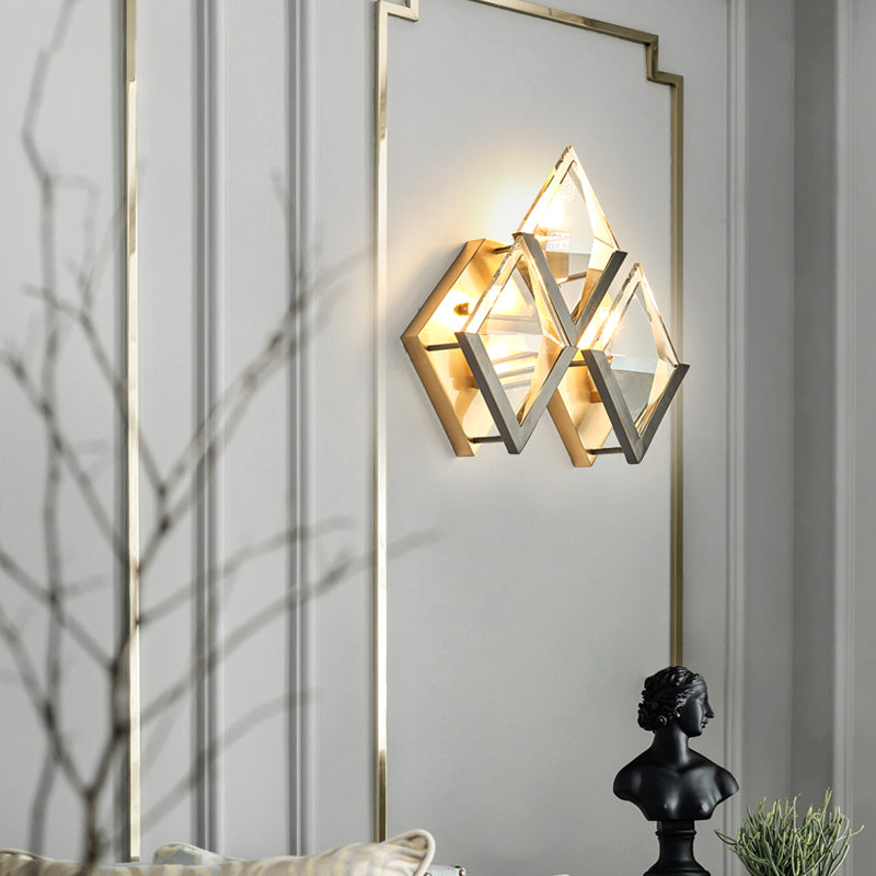 Rhombus Shaped Wall Lighting Modern Style Clear Crystal and Metal 3 Lights Golden Wall Sconce Light Clearhalo 'Modern wall lights' 'Modern' 'Wall Lamps & Sconces' 'Wall Lights' Lighting' 255751