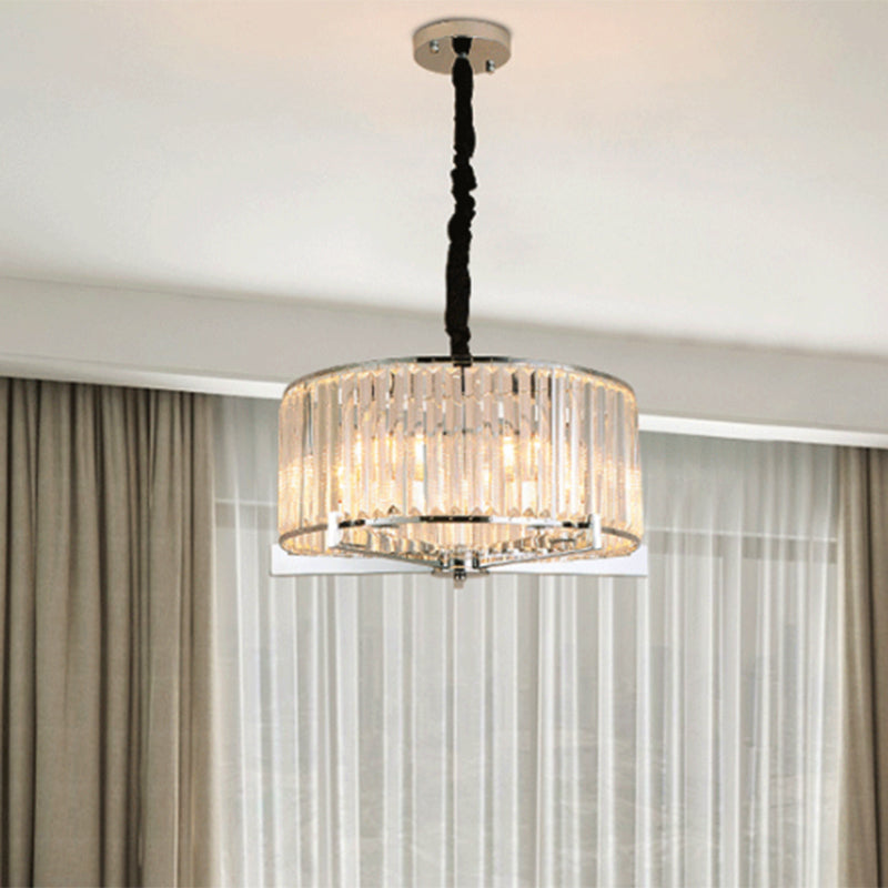 Drum Clear Crystal Block Hanging Lamp Traditional 5/6 Heads Dining Room Chandelier Lighting Fixture Clearhalo 'Ceiling Lights' 'Chandeliers' Lighting' options 255762