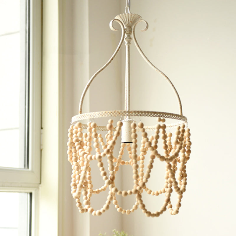 Wooden Beaded Pendulum Pendant Country Style 1 Bulb White Ceiling Lamp with Iron Bellied Vase Hanging Frame Clearhalo 'Ceiling Lights' 'Pendant Lights' 'Pendants' Lighting' 255780