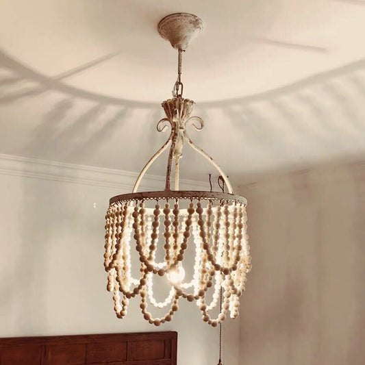 Wooden Beaded Pendulum Pendant Country Style 1 Bulb White Ceiling Lamp with Iron Bellied Vase Hanging Frame Clearhalo 'Ceiling Lights' 'Pendant Lights' 'Pendants' Lighting' 255781