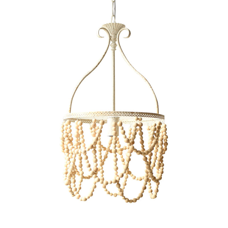 Wooden Beaded Pendulum Pendant Country Style 1 Bulb White Ceiling Lamp with Iron Bellied Vase Hanging Frame Clearhalo 'Ceiling Lights' 'Pendant Lights' 'Pendants' Lighting' 255782